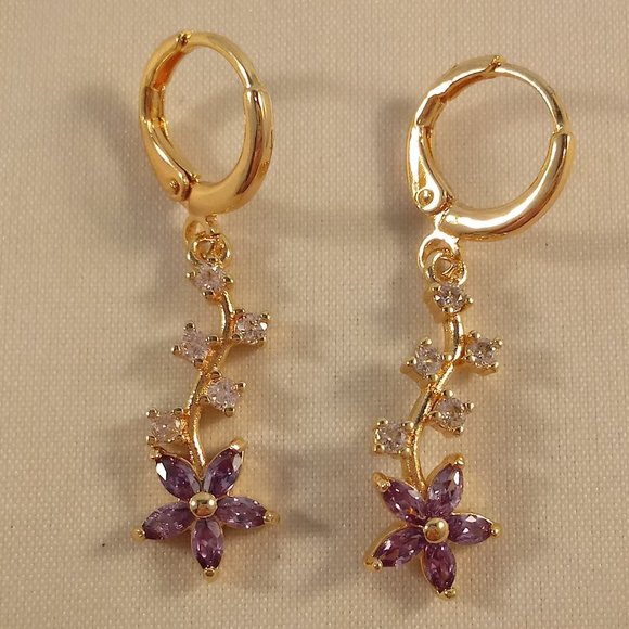 18K Yellow Gold Filled Flower Leaf Diamond Zircon Dangle Earrings Party Gift - Picture 4 of 4